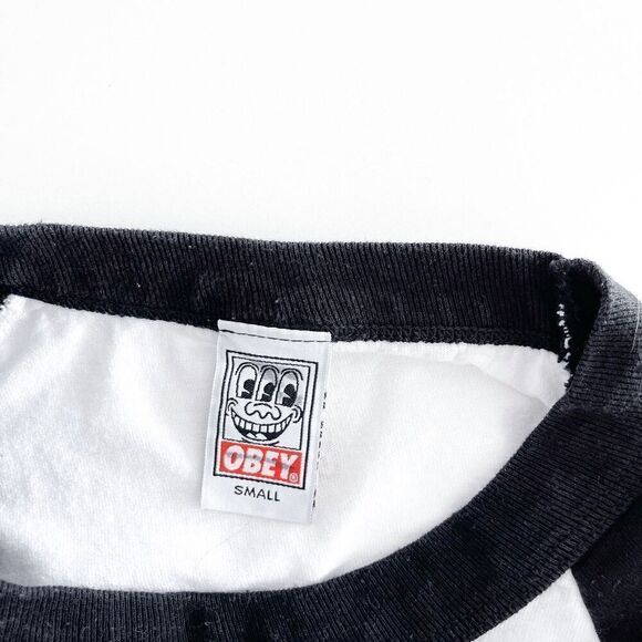 OBEY Keith Haring Unisex Raglan Sleeve US Art Flag Baseball Tee White Small - Picture 3 of 9